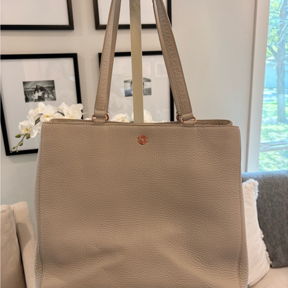Dagne Dover Taupe Leather Tote with Rose Gold Hardware